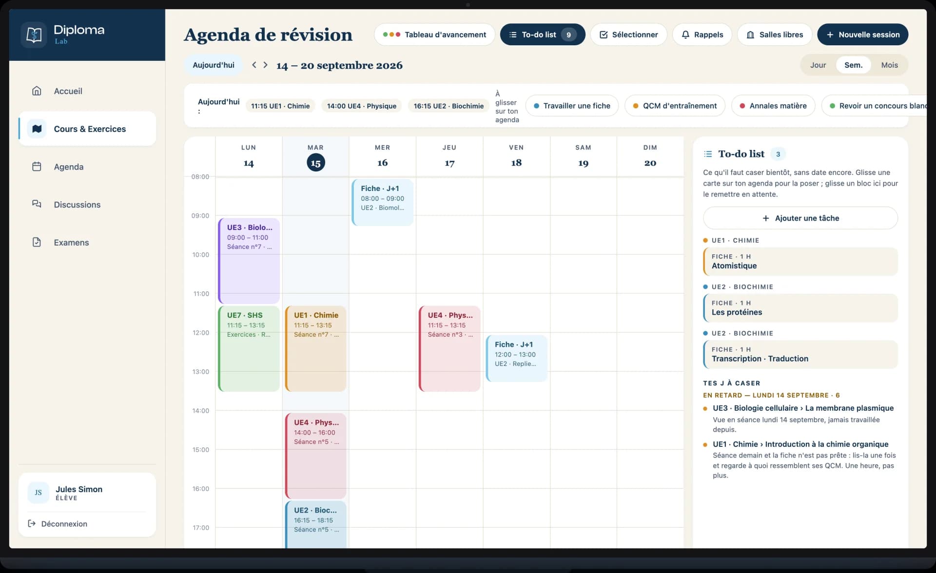 L’agenda de révision : la semaine avec les séances par UE, les révisions J+1 placées automatiquement, la to-do list des fiches à caser et les repasses en retard