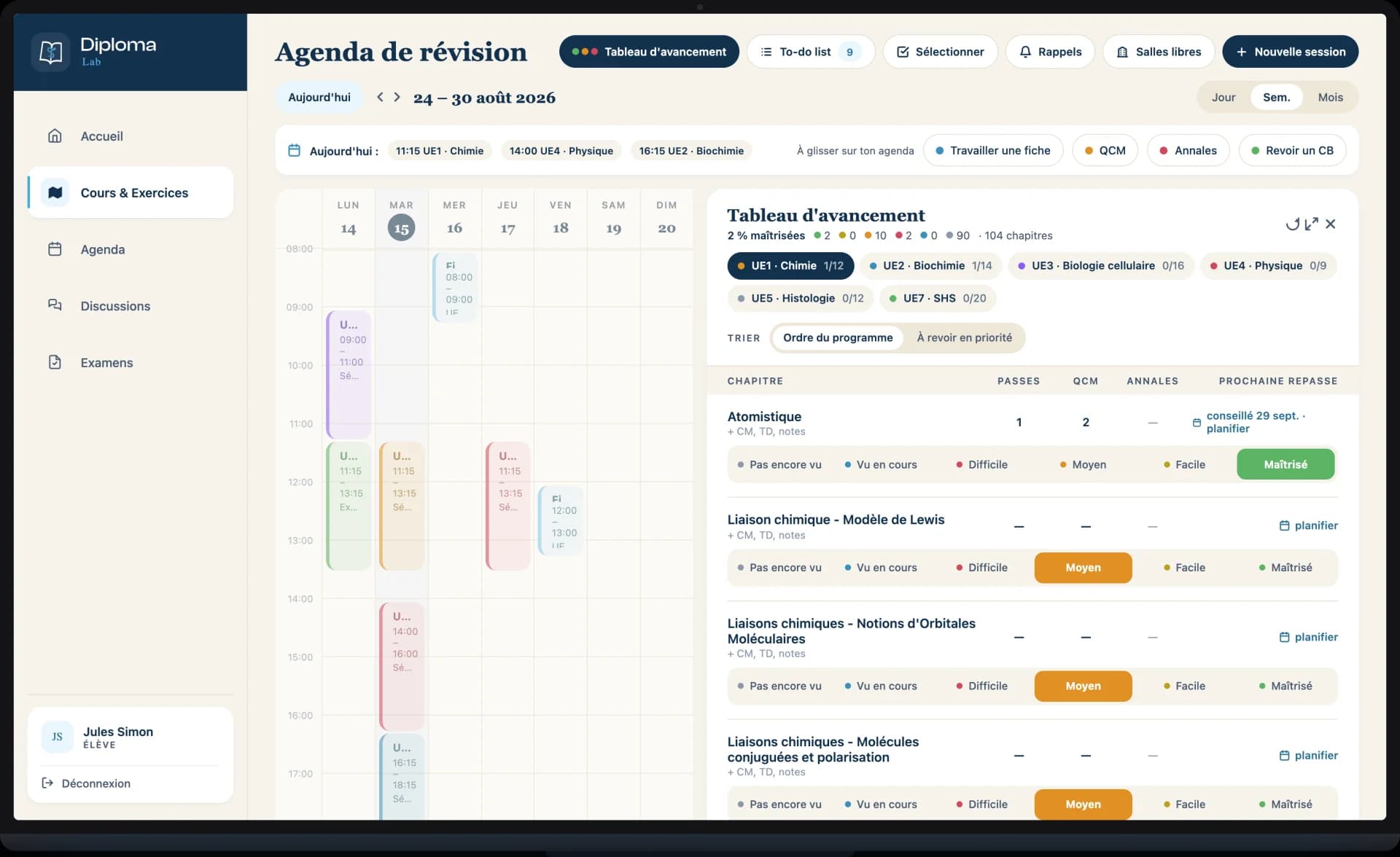 Le tableau d’avancement sur ordinateur : pour chaque chapitre, les passes, les QCM, les annales et la prochaine repasse conseillée