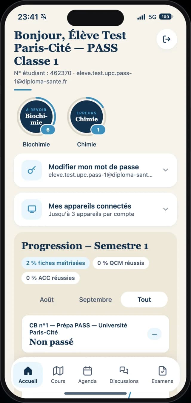 Diploma Lab sur téléphone : l’accueil avec les matières à revoir et la progression du semestre